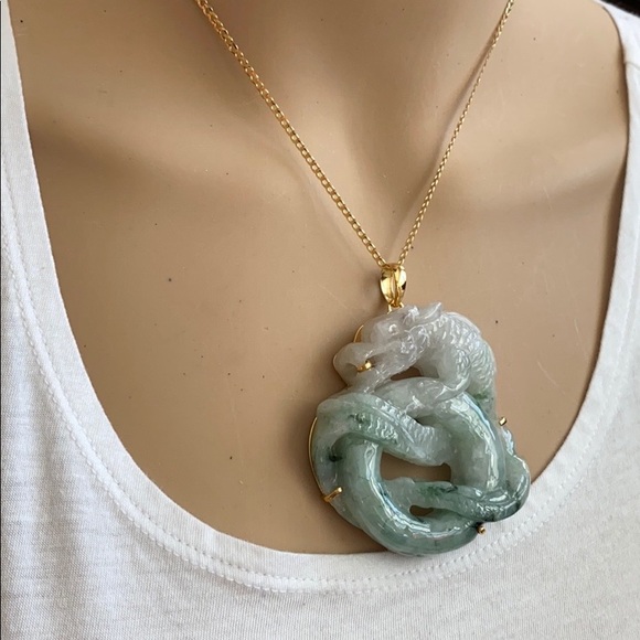 14K Real Gold Carved Dragon Natural Jade Pendant L - Picture 5 of 16